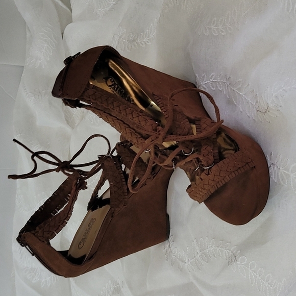 Carlos Santana Wedge Sandals Chocolate Lace Size 8 - Picture 2 of 10